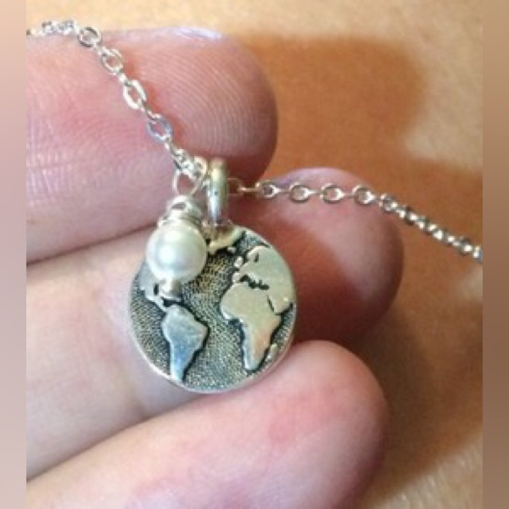 World / Globe Charm & Silver Necklace w Swarovski Pearl Custom Length